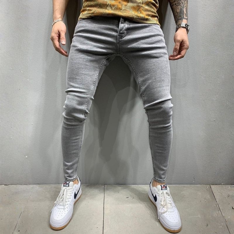 Men's Skinny Jeans High Waisted Slim Fit Denim Pants - Gray / M