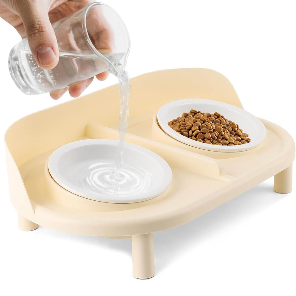 Tilted Raised Cat Food and Water Elevated Bowl with 2 Pcs Ceramic Pet Bowls - Milk Coffee