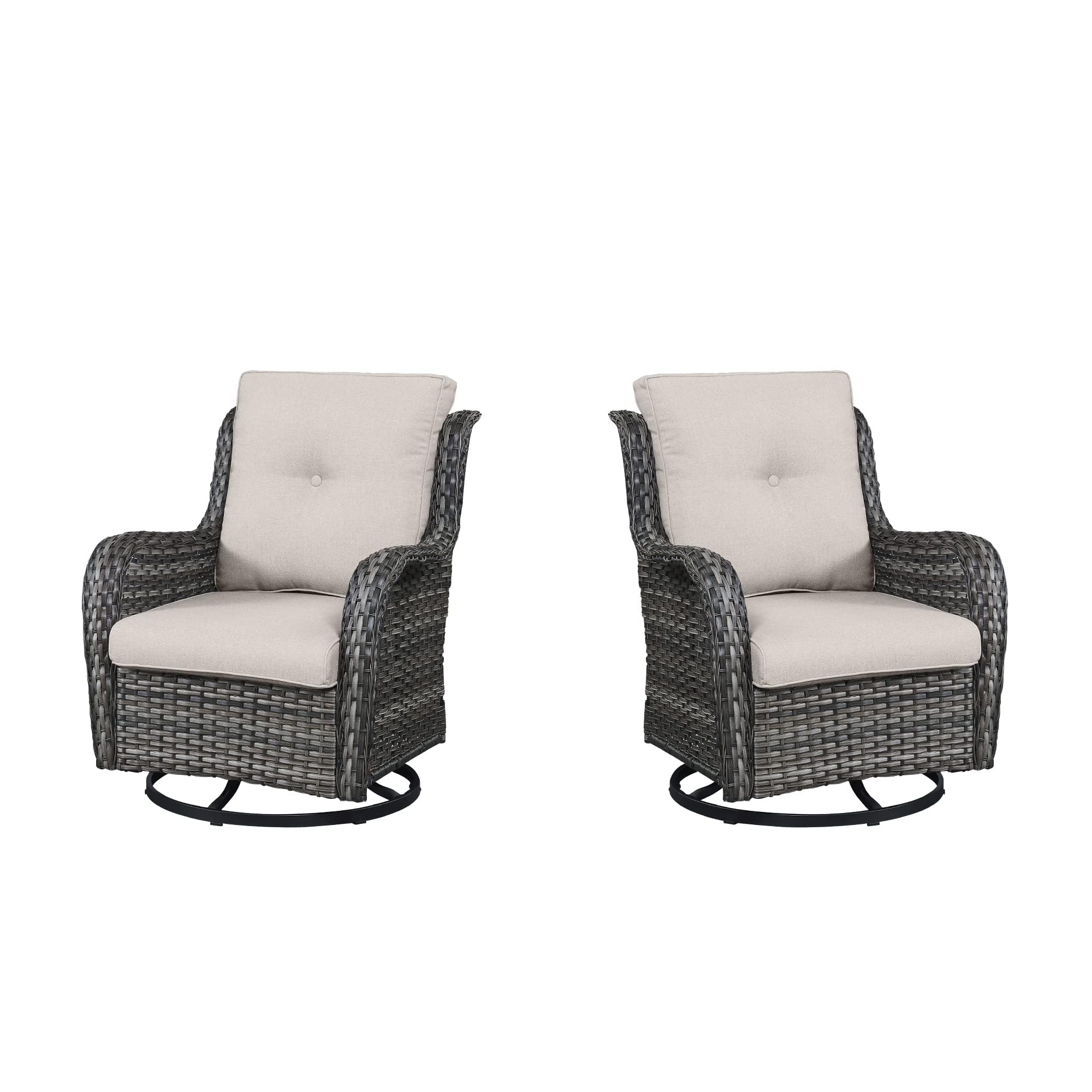 Outdoor 2PC PE Rattan Swivel Glider Chairs, NTC Series - Mixed Grey Wicker / Beige Cushion