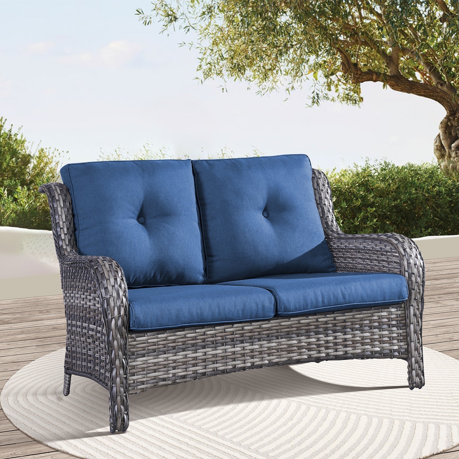 1 Piece Outdoor Patio Furniture Wicker Loveseat Sofa, NTC Series - Mixed Grey Wicker / Blue Cushion