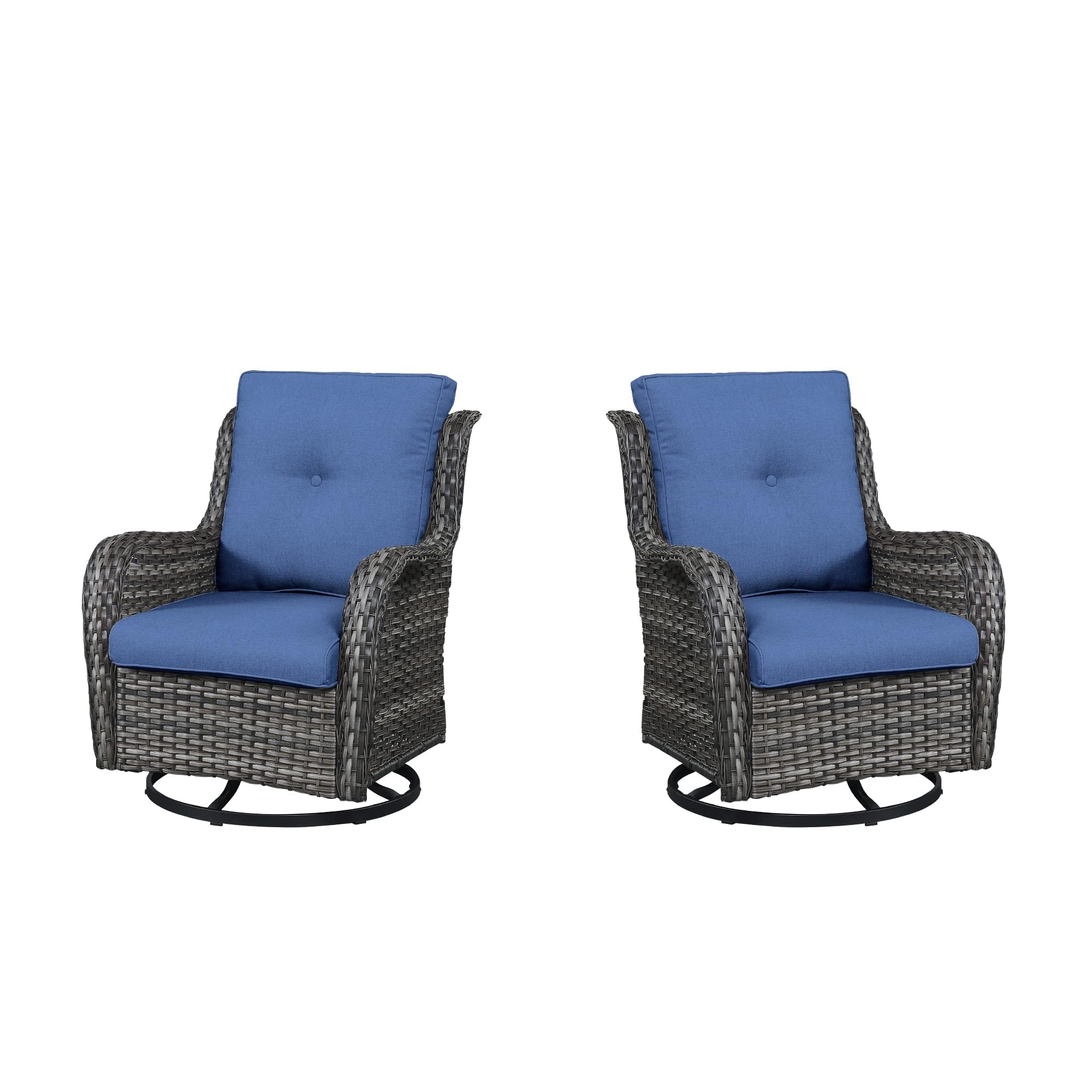 Outdoor 2PC PE Rattan Swivel Glider Chairs, NTC Series - Mixed Grey Wicker / Blue Cushion