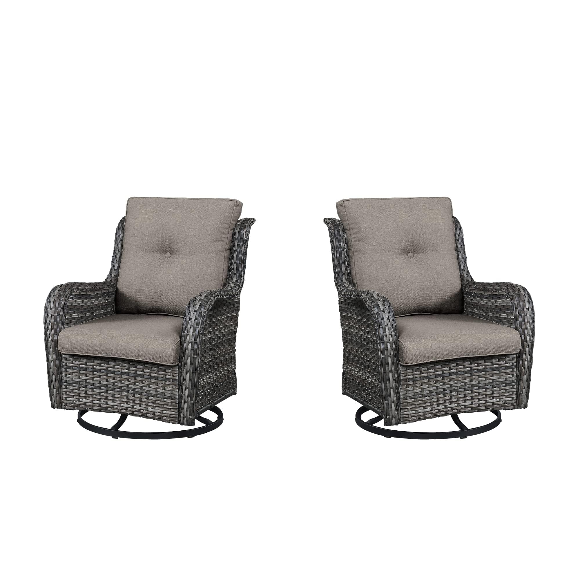 Outdoor 2PC PE Rattan Swivel Glider Chairs, NTC Series - Mixed Grey Wicker / Grey Cushion