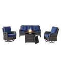 4-Piece Wicker Patio Set with Fire Pit Table, NTC Series - Mixed Grey Wicker / Blue Cushion