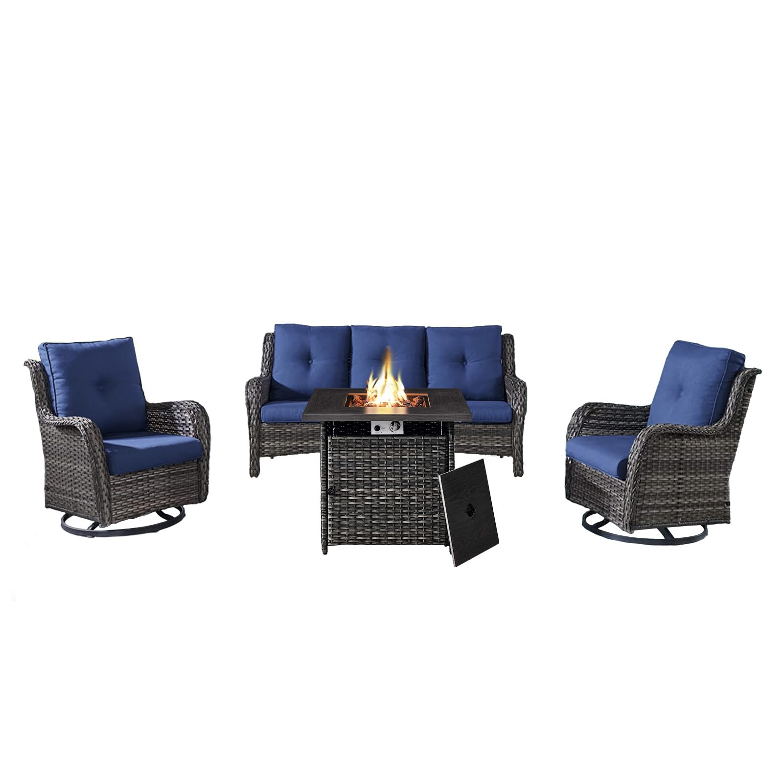 4-Piece Wicker Patio Set with Fire Pit Table, NTC Series - Mixed Grey Wicker / Blue Cushion