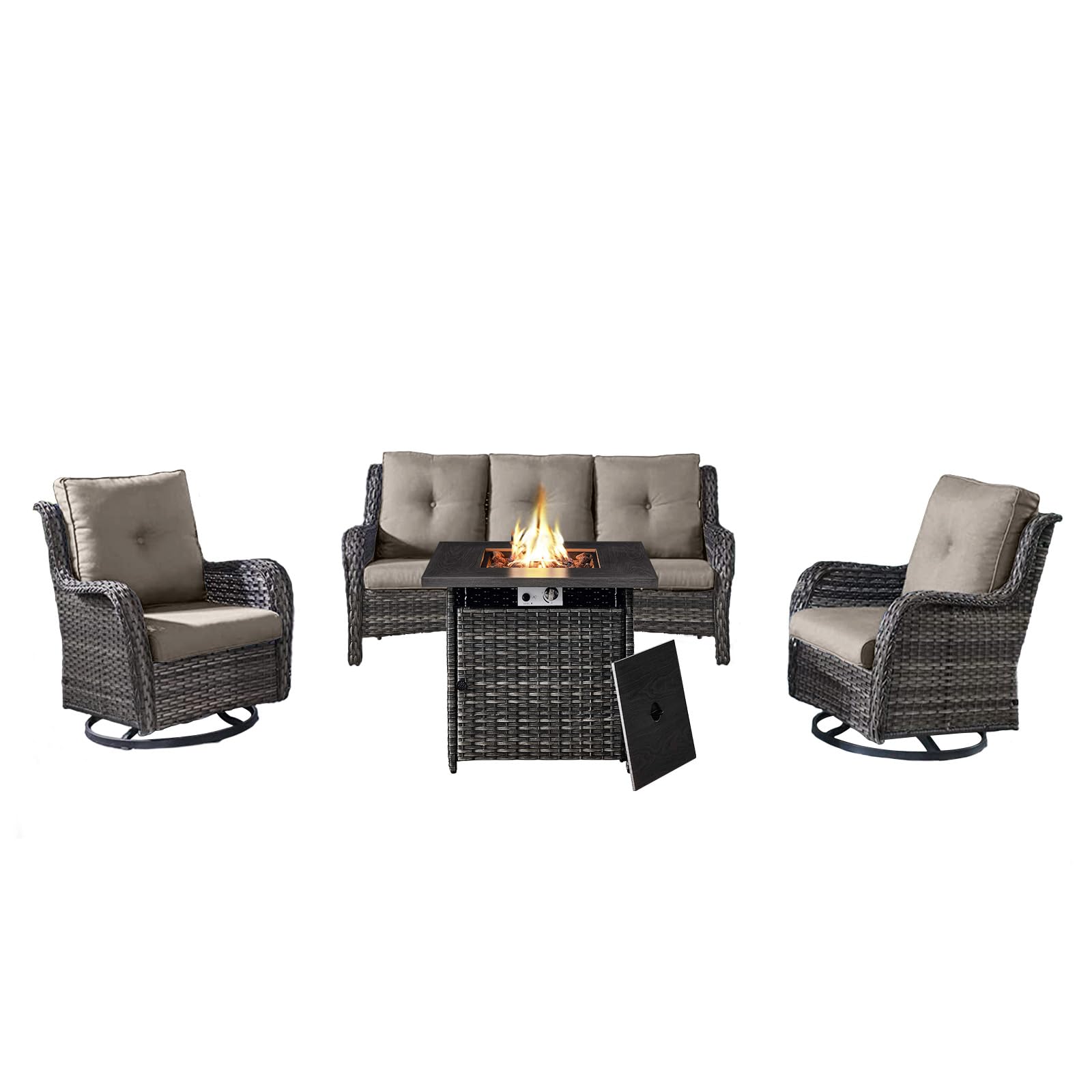 4-Piece Wicker Patio Set with Fire Pit Table, NTC Series - Mixed Grey Wicker / Grey Cushion