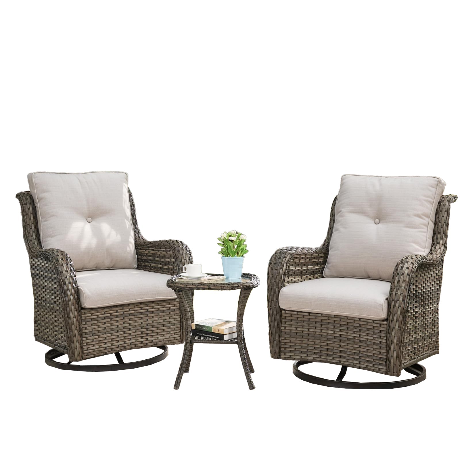 Swivel Glider Chairs Set with Side Table, NTC Series - Mixed Grey Wicker / Beige Cushion