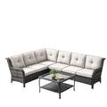 7-Piece L-Shaped Patio Sectional Sofa Set + Wicker Coffee Table, NTC Series - Mixed Grey Wicker / Beige Cushion