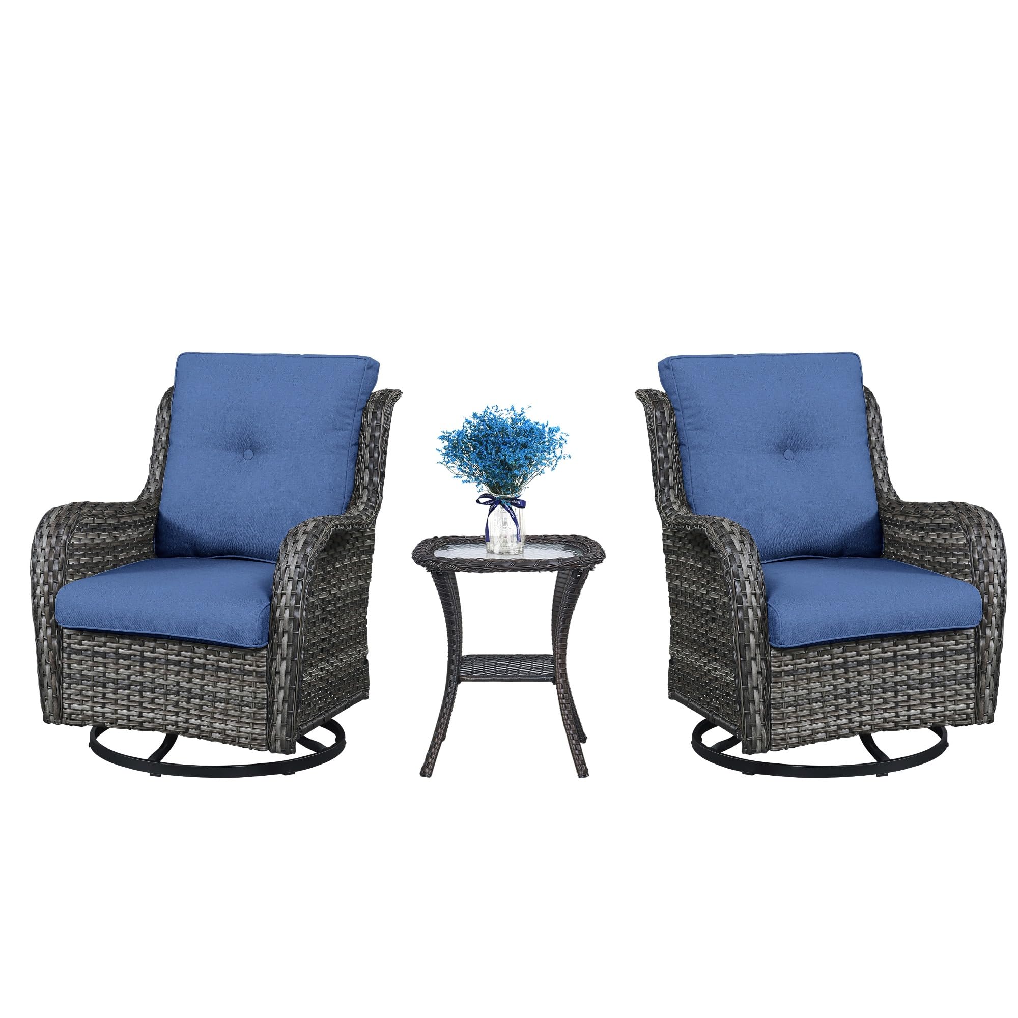 Swivel Glider Chairs Set with Side Table, NTC Series - Mixed Grey Wicker / Blue Cushion
