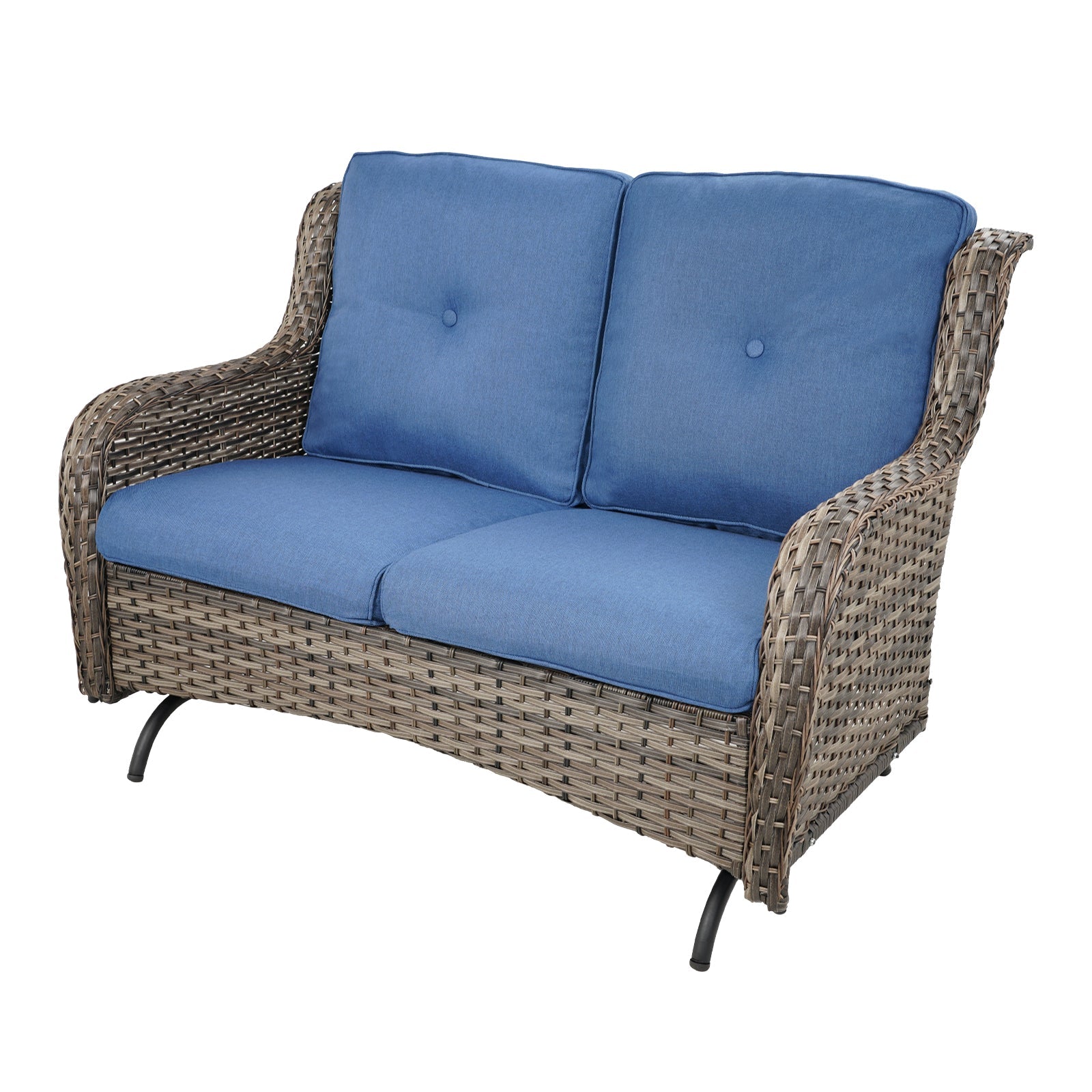 Outdoor Wicker Glider Loveseat – 2-Seater, Smooth Gliding, NTC Series - Mixed Grey Wicker / Blue Cushion