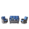 Patio Conversation Set 6-Piece with Sofa, Swivel Glider Chairs, Coffee Table, and Ottoman, NTC Series - Mixed Grey Wicker / Blue Cushion