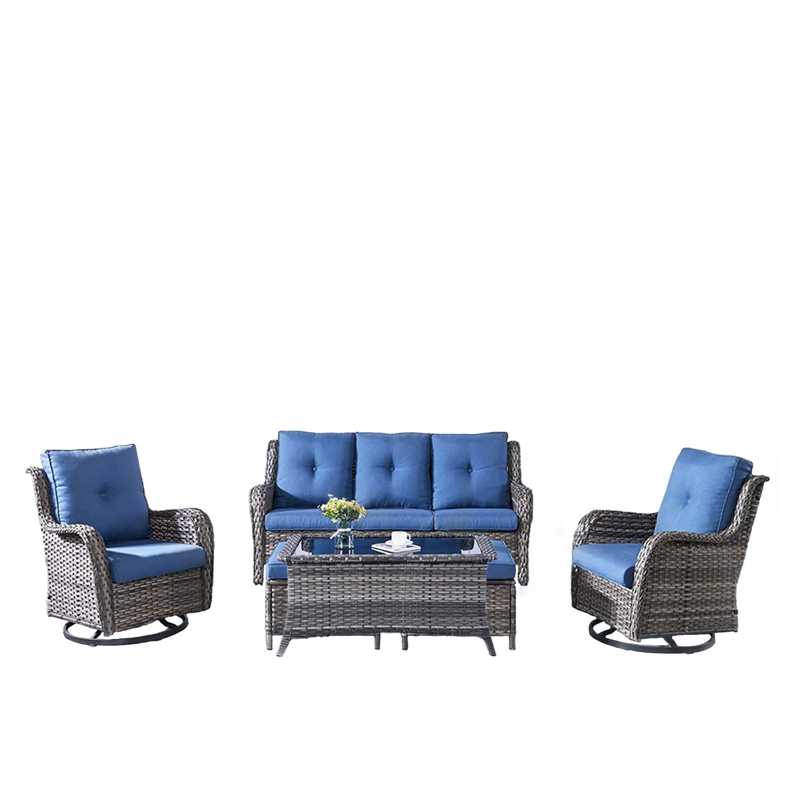 Patio Conversation Set 6-Piece with Sofa, Swivel Glider Chairs, Coffee Table, and Ottoman, NTC Series - Mixed Grey Wicker / Blue Cushion