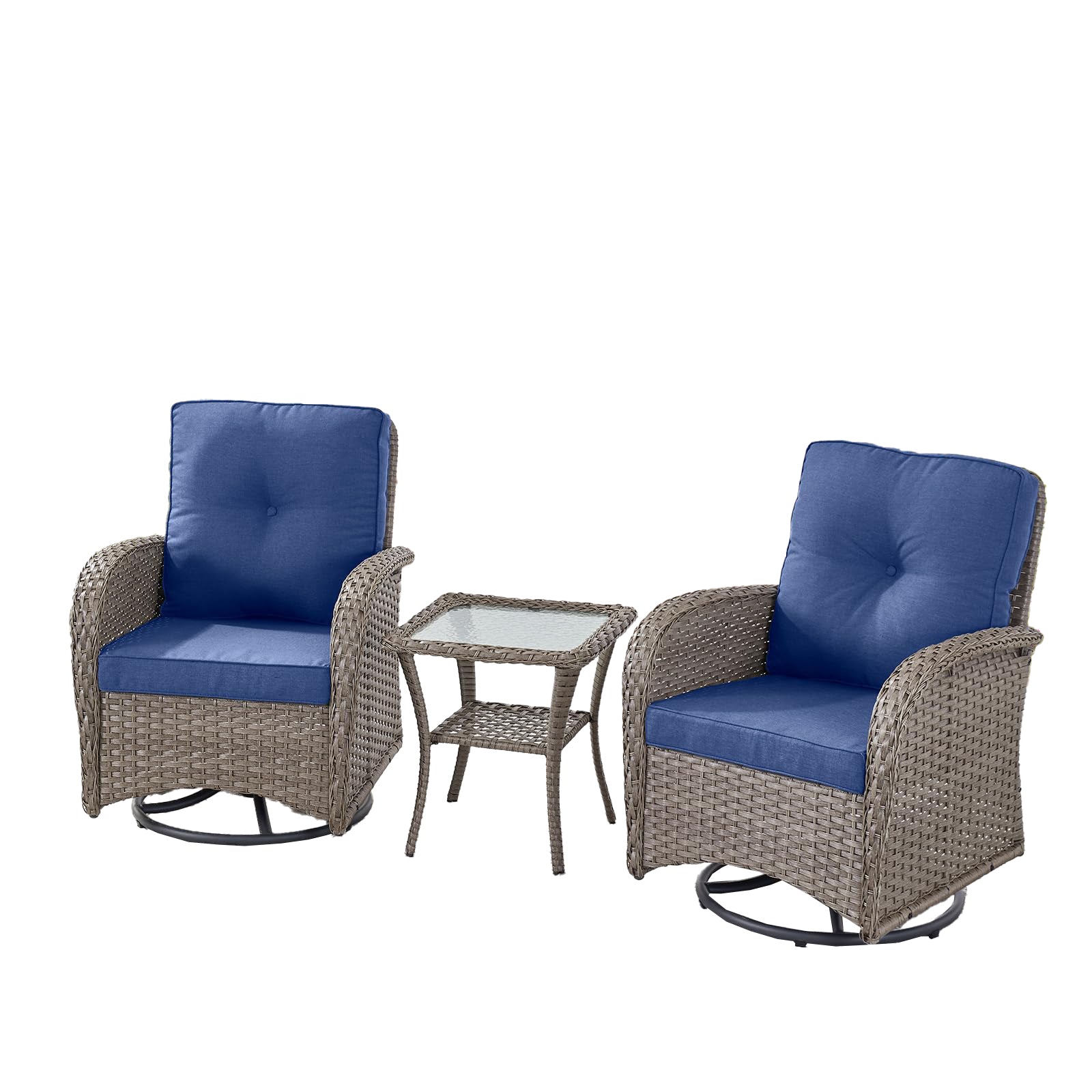 Swivel Glider Chairs Set with Side Table, NDS Series - Grey Wicker / Blue Cushion