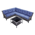 7-Piece L-Shaped Patio Sectional Sofa Set + Wicker Coffee Table, NTC Series - Mixed Grey Wicker / Blue Cushion