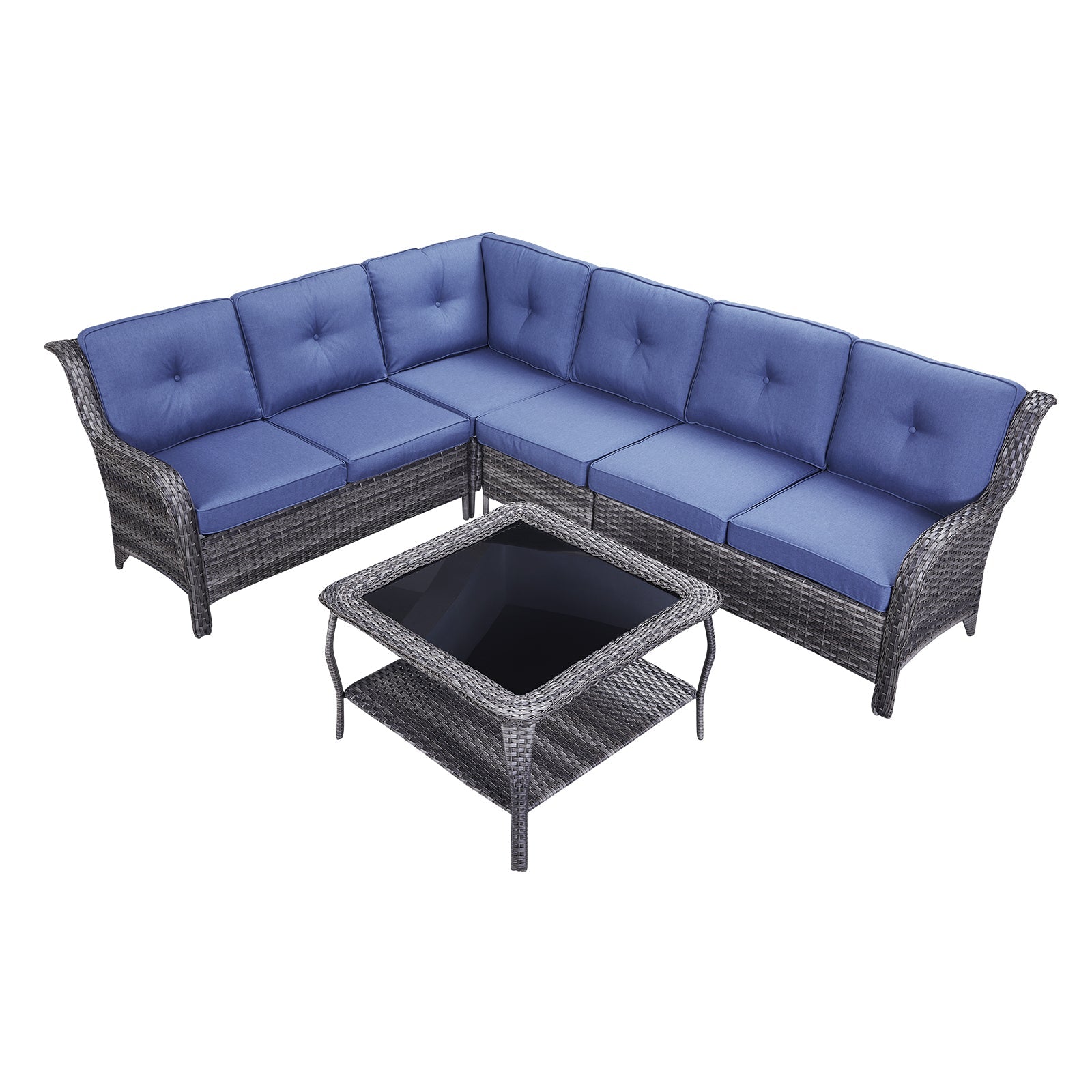 7-Piece L-Shaped Patio Sectional Sofa Set + Wicker Coffee Table, NTC Series - Mixed Grey Wicker / Blue Cushion