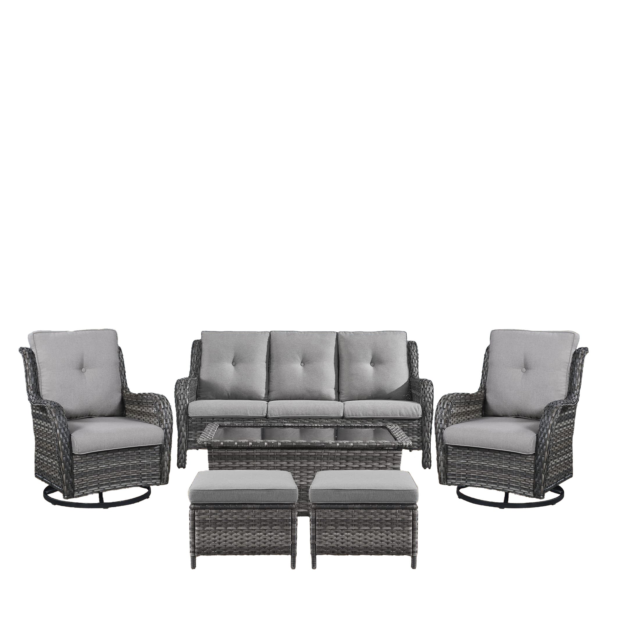 6-Piece Wicker Patio Set, Sofa, Swivel Glider Chairs & Table, NTC Series - Mixed Grey Wicker / Grey Cushion