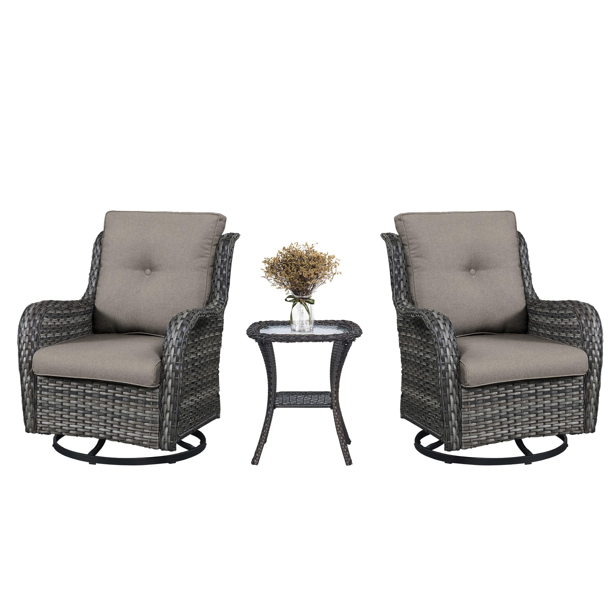 Swivel Glider Chairs Set with Side Table, NTC Series - Mixed Grey Wicker / Grey Cushion