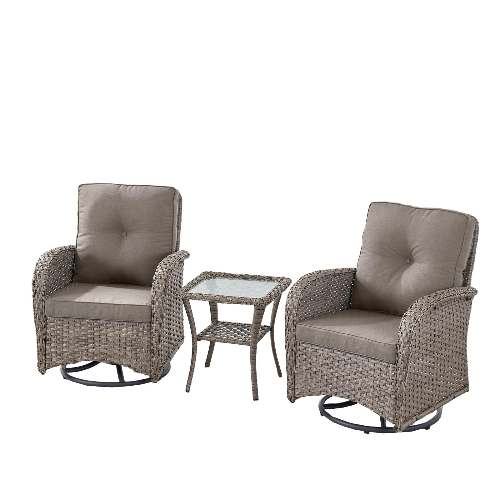 Swivel Glider Chairs Set with Side Table, NDS Series - Grey Wicker / Grey Cushion