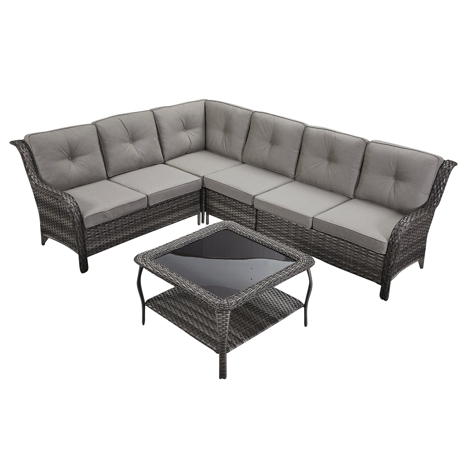 7-Piece L-Shaped Patio Sectional Sofa Set + Wicker Coffee Table, NTC Series - Mixed Grey Wicker / Grey Cushion