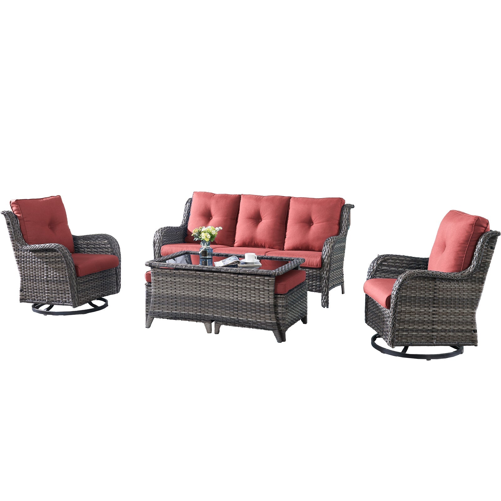 6-Piece Wicker Patio Set, Sofa, Swivel Glider Chairs & Table, NTC Series - Mixed Grey Wicker / Red Cushion