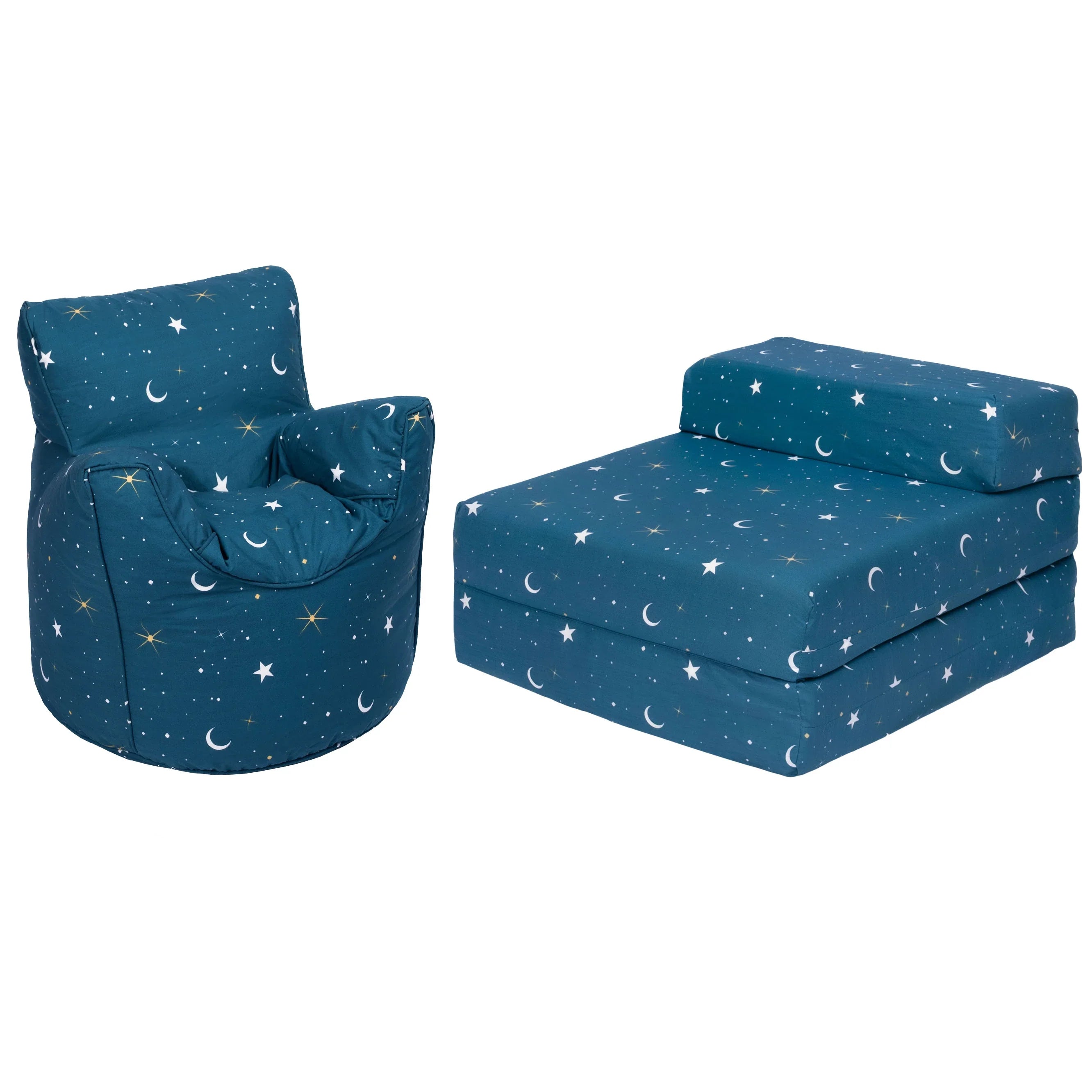Kids Bean Bag Armchair and Folding Z Bed Printed Toddler Beanbag Chair and Guest Mattress - Moonlight