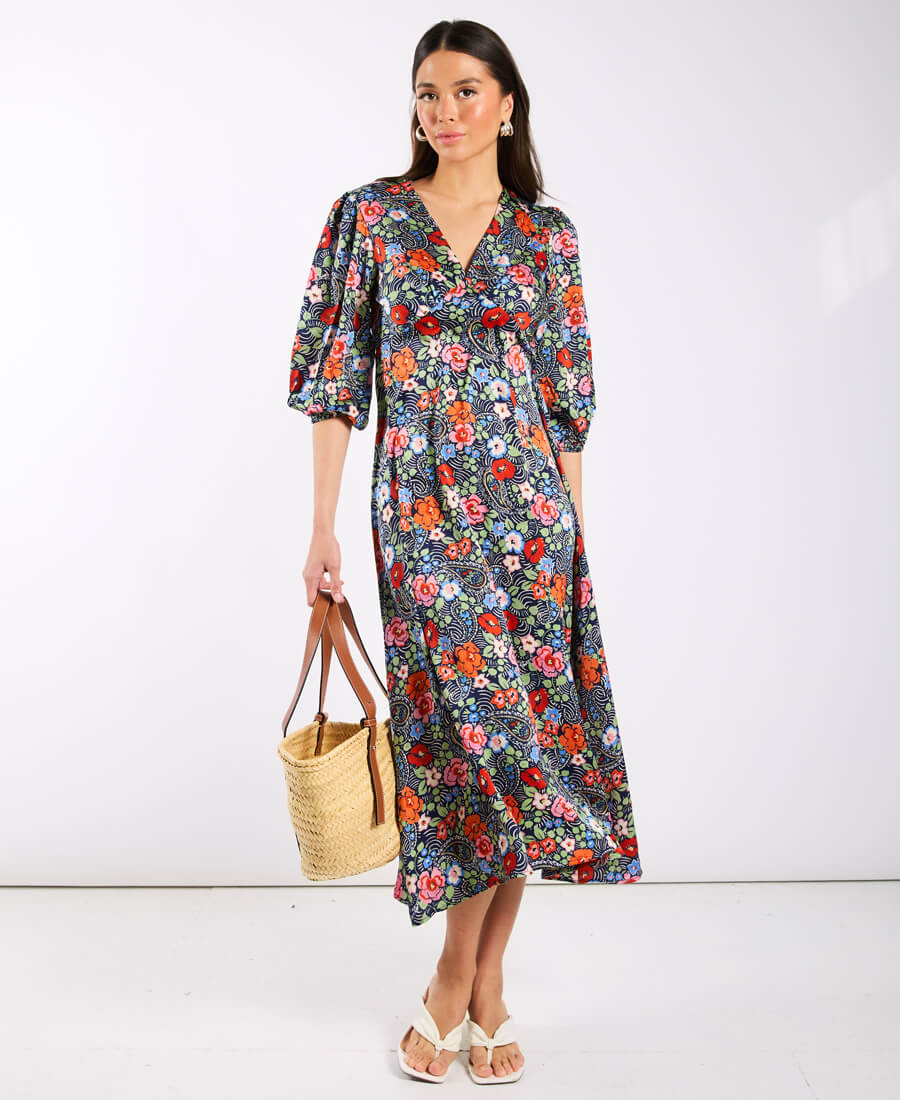 Multicoloured Floral Satin Midi Dress - 18