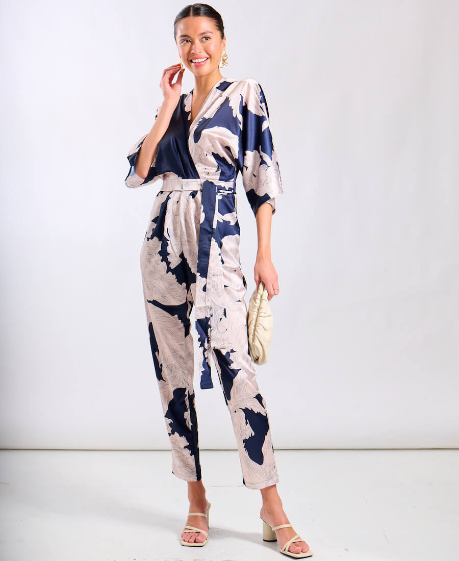 Navy Leaf Kimono Sleeve Jumpsuit - 14
