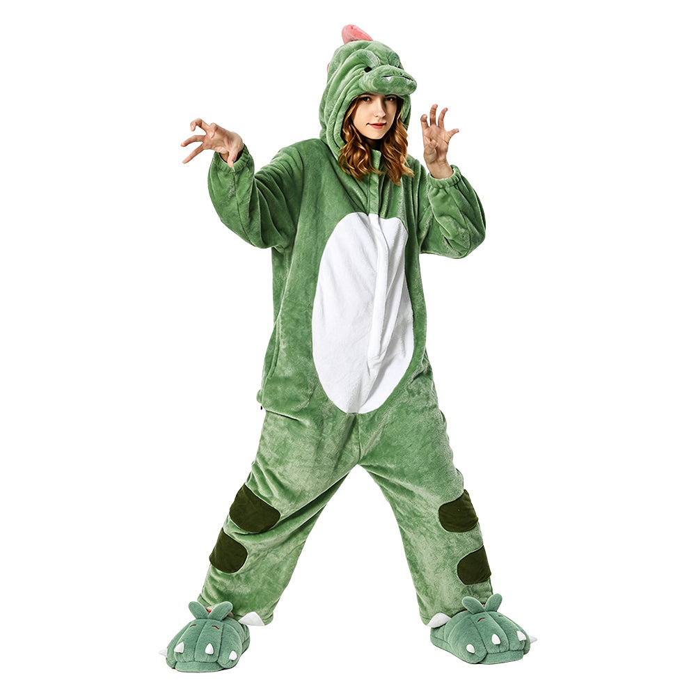 OLAOLA Unisex Adult Plush Green Dinosaur Animals Onesie Pajamas Warm Home One-Piece Sleepwear - Costume+Dinosaur Paw Slippers / S