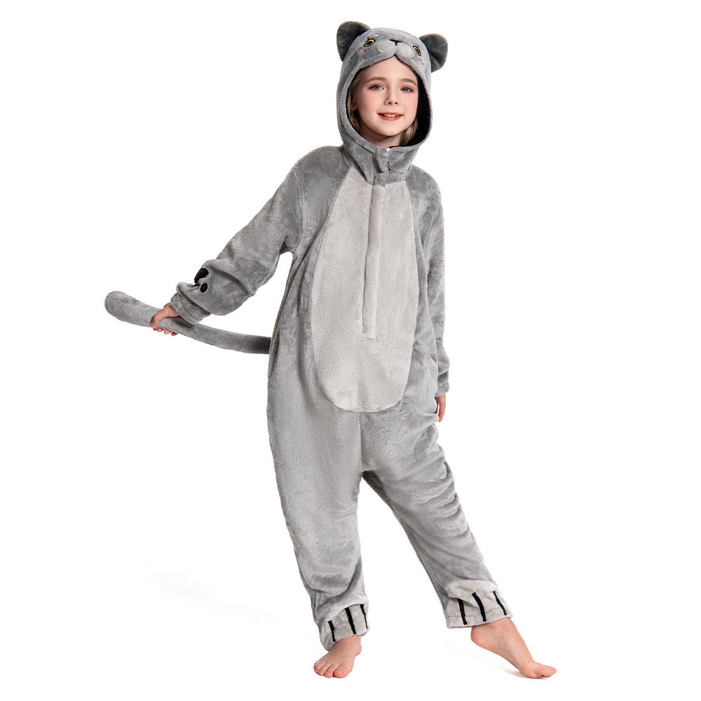OLAOLA Kids Cat Onesie Pajamas Plush Animal One-Piece Sleepwear Soft Flannel Kitten Pyjamas For Boys Girls - M