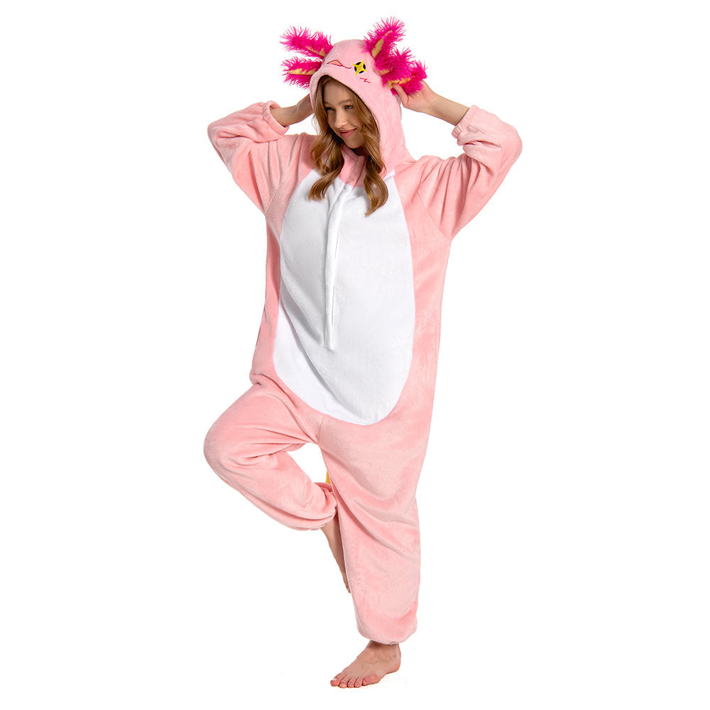OLAOLA Unisex Adult Pink Axolotl Animal Onesie Plush Soft Flannel Warm Home Pajamas One-Piece Sleepwear - M