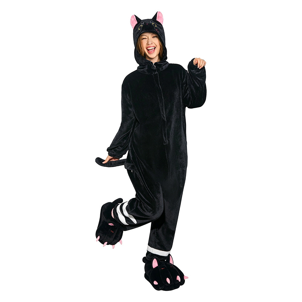 OLAOLA Unisex Adult Plush Black Cat Animals Onesie Pajamas Warm Home Pet One-Piece Sleepwear - Costume+ Cat Paw Slippers / S