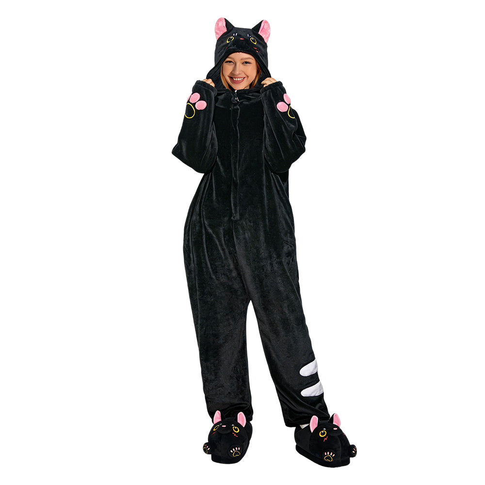 OLAOLA Unisex Adult Plush Black Cat Animals Onesie Pajamas Warm Home Pet One-Piece Sleepwear - Costume+ Cat Slippers / S