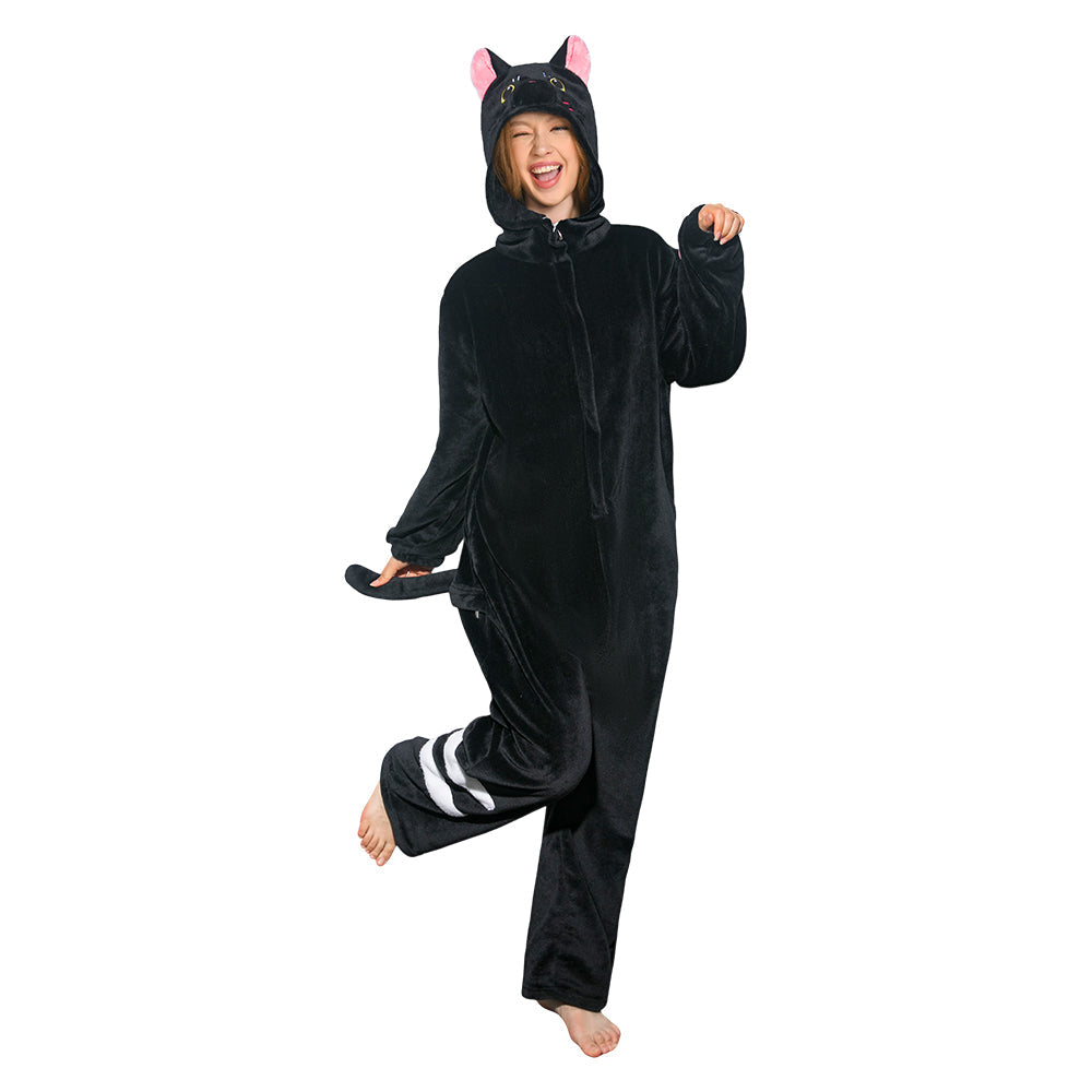 OLAOLA Unisex Adult Plush Black Cat Animals Onesie Pajamas Warm Home Pet One-Piece Sleepwear - M