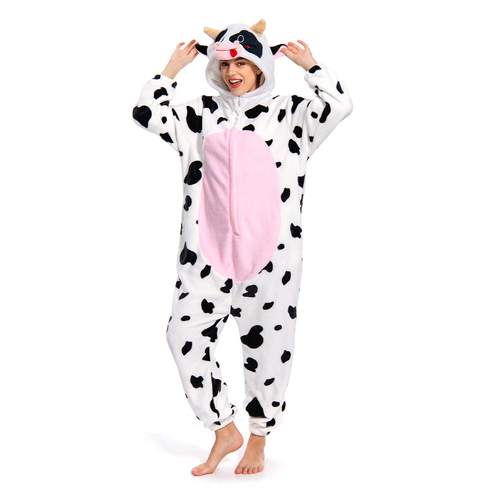 OLAOLA Unisex Adult Plush Pink Cow Animals Onesie Pajamas Warm Home One-Piece Sleepwear - L