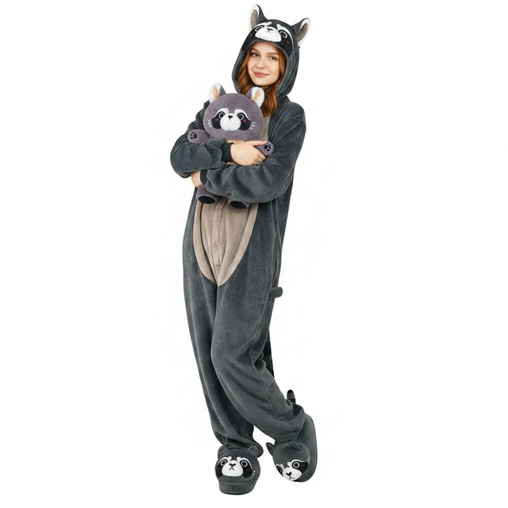 OLAOLA Unisex Adult Plush Raccoon Animals Onesie Pajamas Warm Home One-Piece Sleepwear - Costume+Shoes+Plush Toys / M
