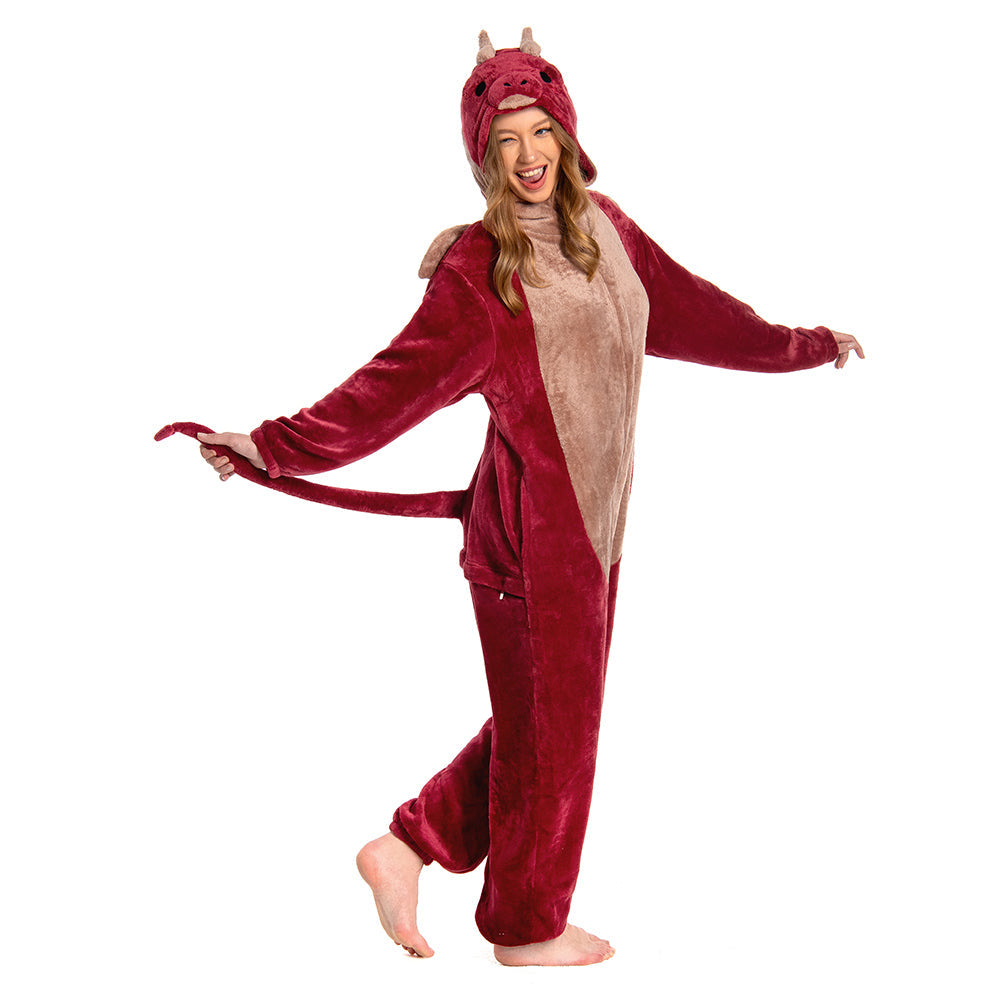 OLAOLA Unisex Adult Plush Red Dragon Animals Onesie Pajamas Warm Home One-Piece Sleepwear - S