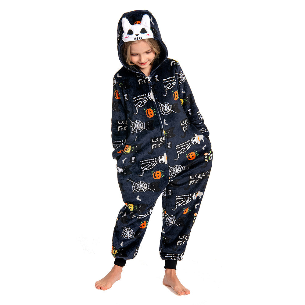 OLAOLA Unisex Adult Printed Skull Halloween Plush Onesie Pajamas Warm Home One-Piece Sleepwear - Kids / S