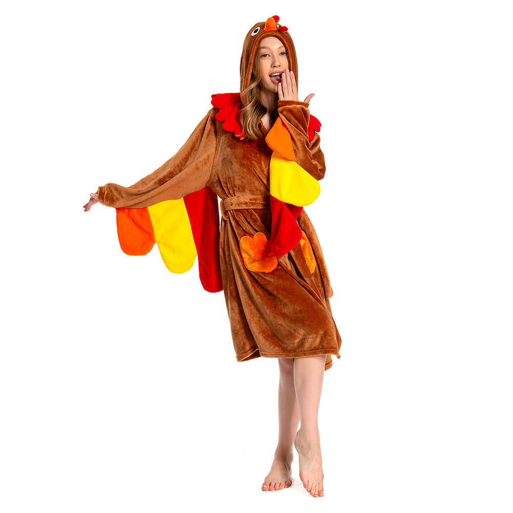 OLAOLA Women Adult Turkey Animal Onesie Plush Bathrobe Soft Flannel Loungewear Cozy Warm Home Robe - L