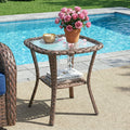 Square Outdoor Wicker Side Table, Glass Top & Storage Shelf, NTC Series - Brown Wicker