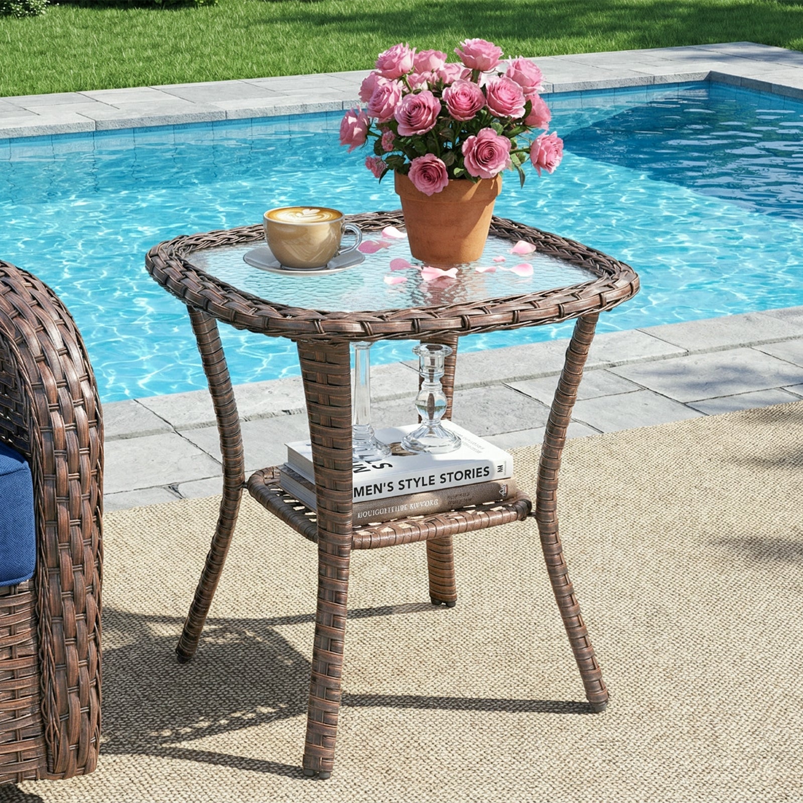 Square Outdoor Wicker Side Table, Glass Top & Storage Shelf, NTC Series - Brown Wicker