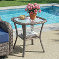 Square Outdoor Wicker Side Table, Glass Top & Storage Shelf, NTC Series - Mixed Grey Wicker