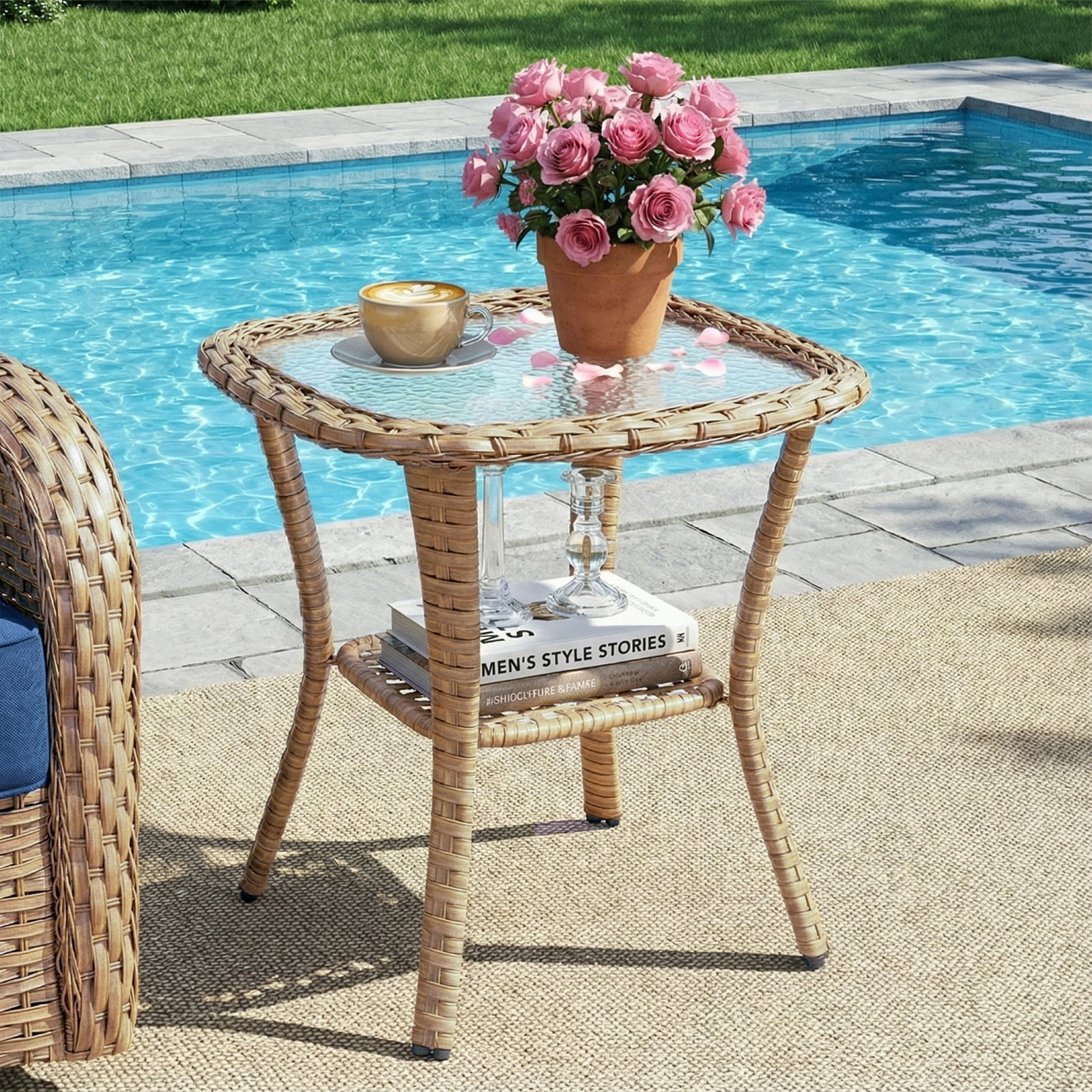 Square Outdoor Wicker Side Table, Glass Top & Storage Shelf, NTC Series - Yellow Wicker