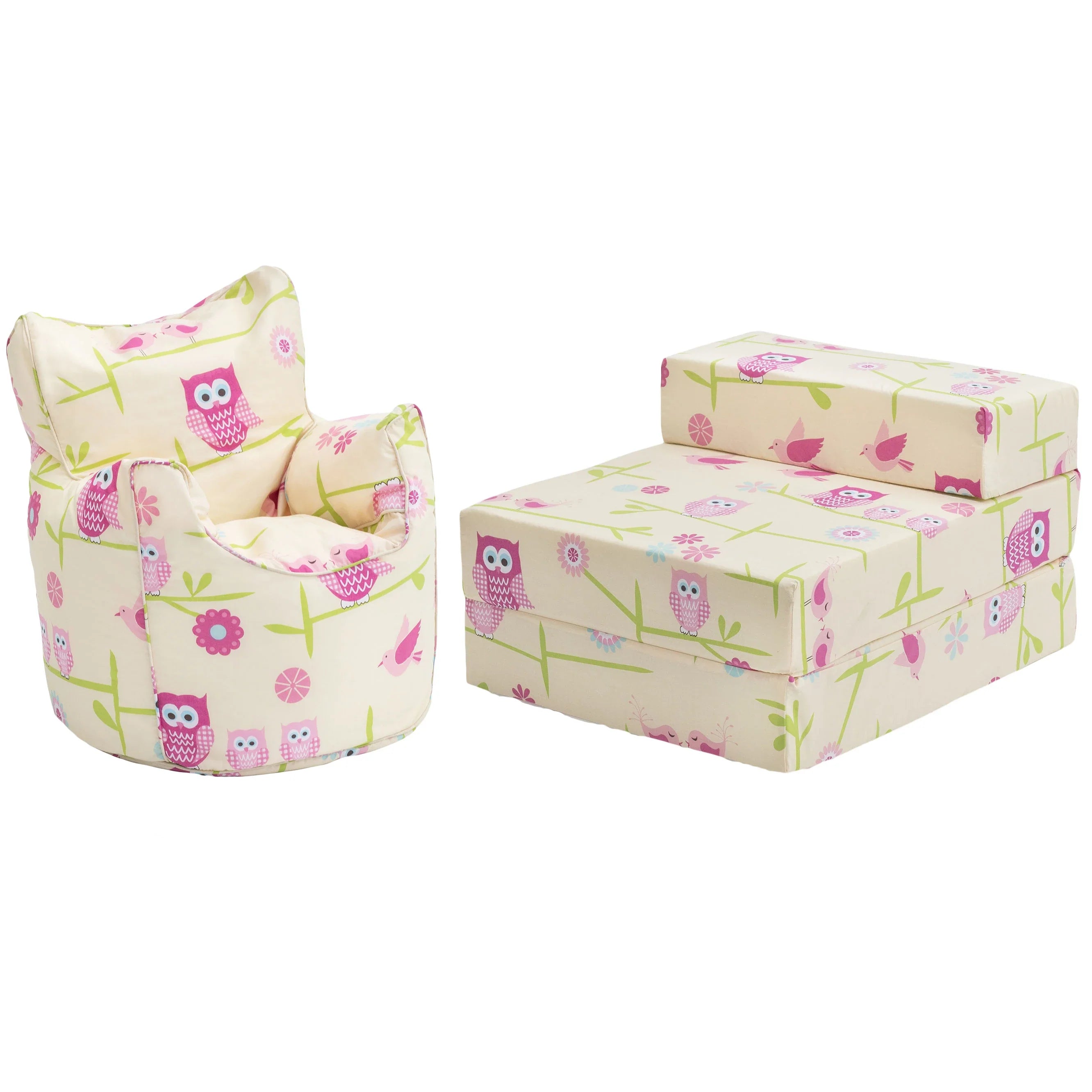 Kids Bean Bag Armchair and Folding Z Bed Printed Toddler Beanbag Chair and Guest Mattress - Owls