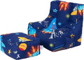 Kids Bean Bag Chair with Footstool Indoor Beanbag Armchair Printed Gaming Pouffes - Space Boy