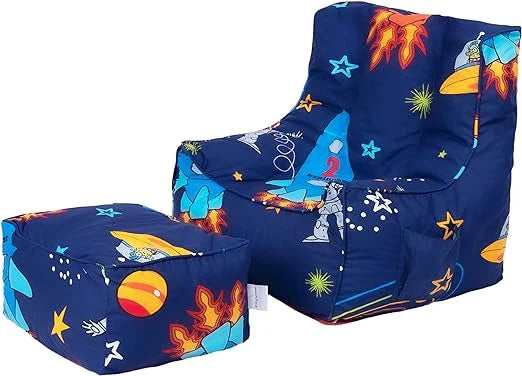 Kids Bean Bag Chair with Footstool Indoor Beanbag Armchair Printed Gaming Pouffes - Space Boy
