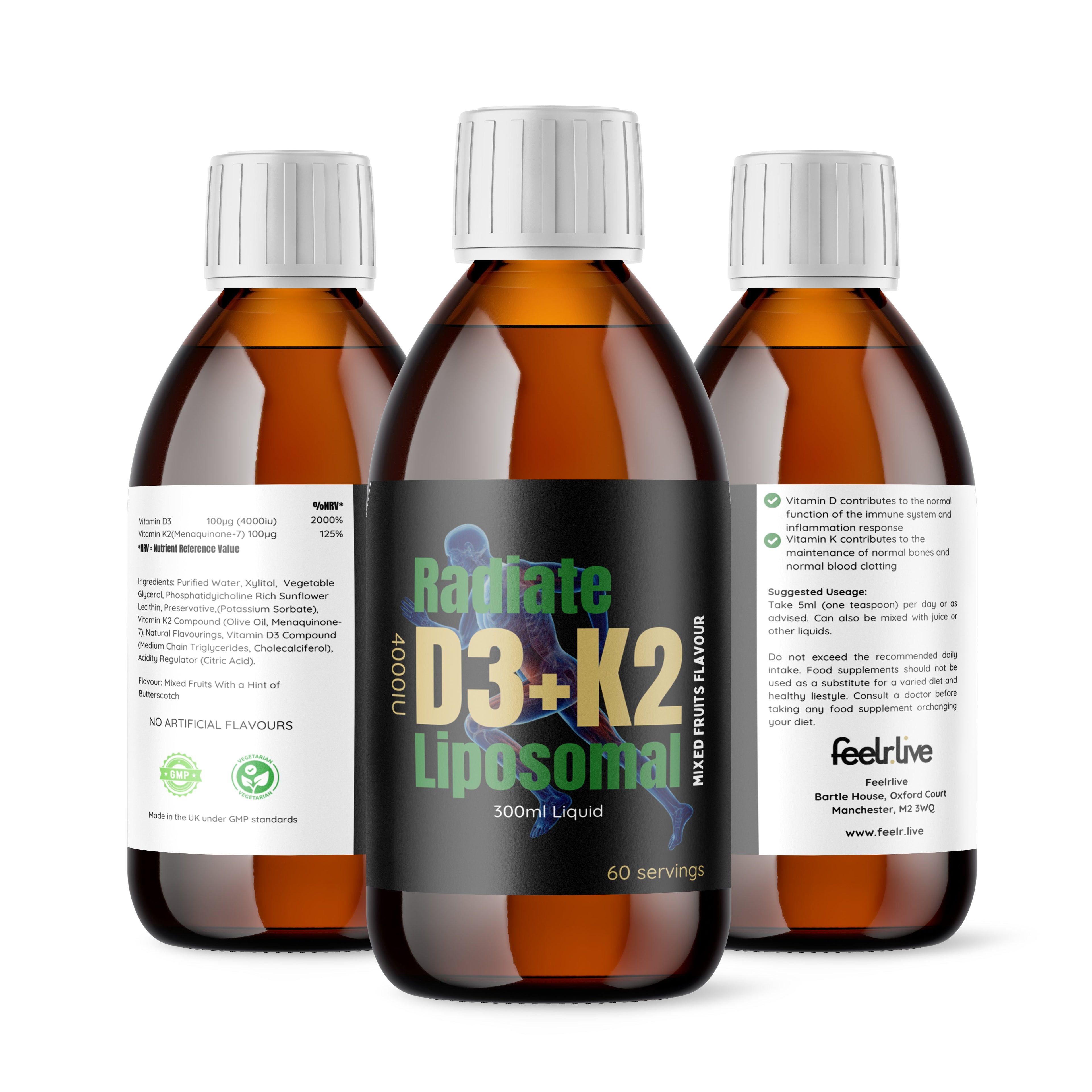 Radiate D3 + K2 4000IU Liposomal Liquid (Butterscotch) 3 Pack