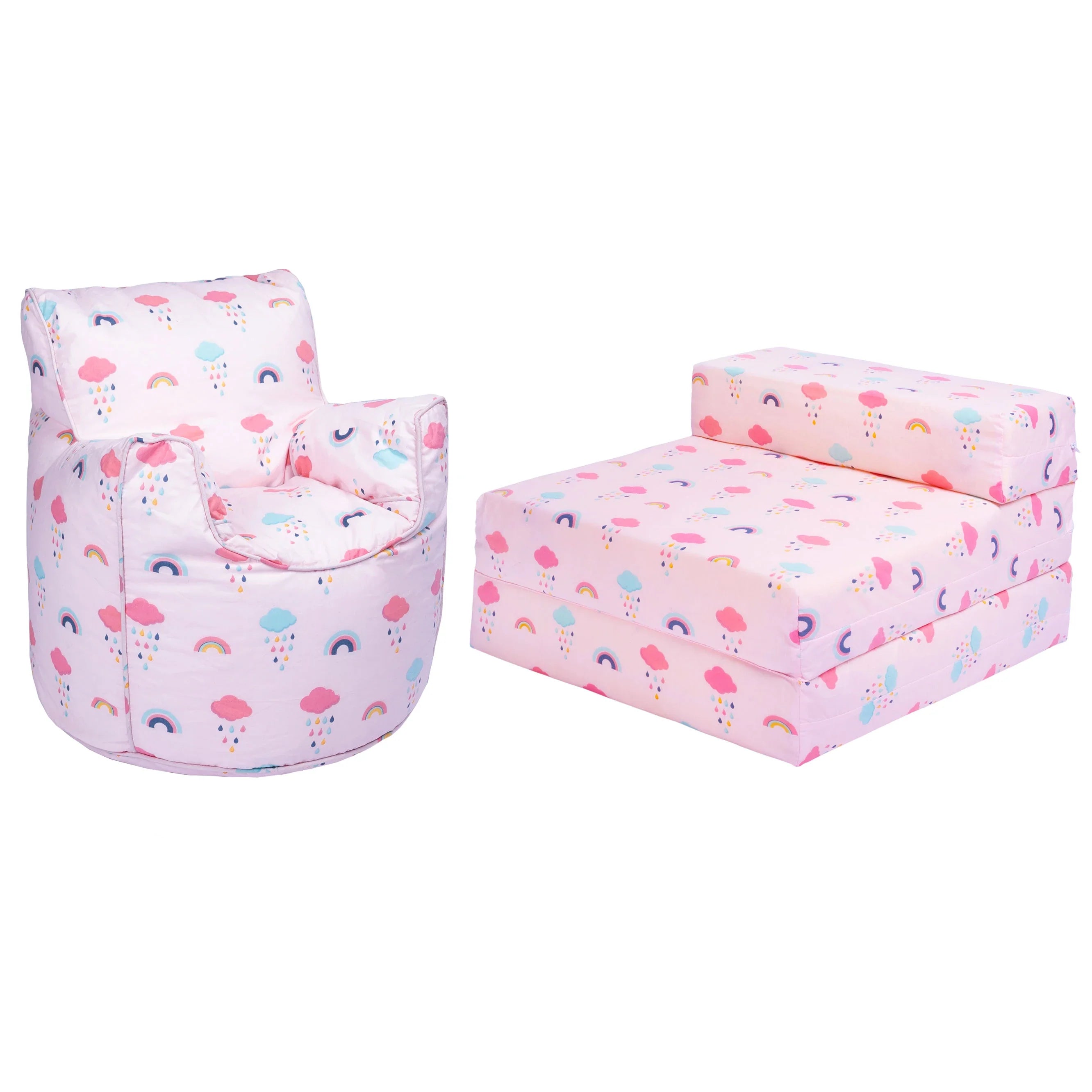 Kids Bean Bag Armchair and Folding Z Bed Printed Toddler Beanbag Chair and Guest Mattress - Rainbow