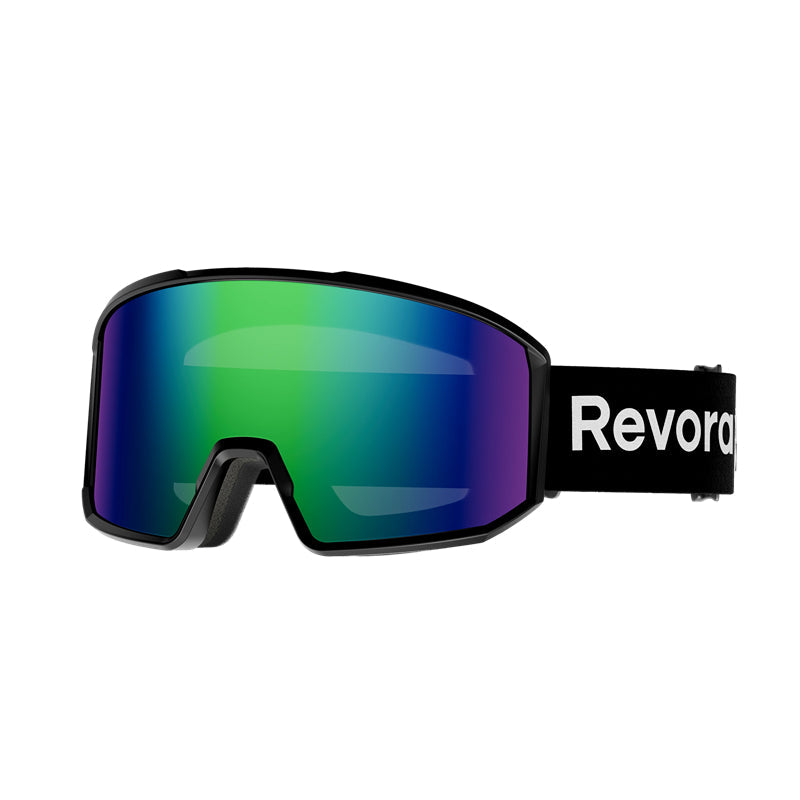 Fire N1 Ski Goggles with Italy Anti-Fog Lens, OTG, Full REVO Vacuum Coating - REVO Green Lens + Black Strap