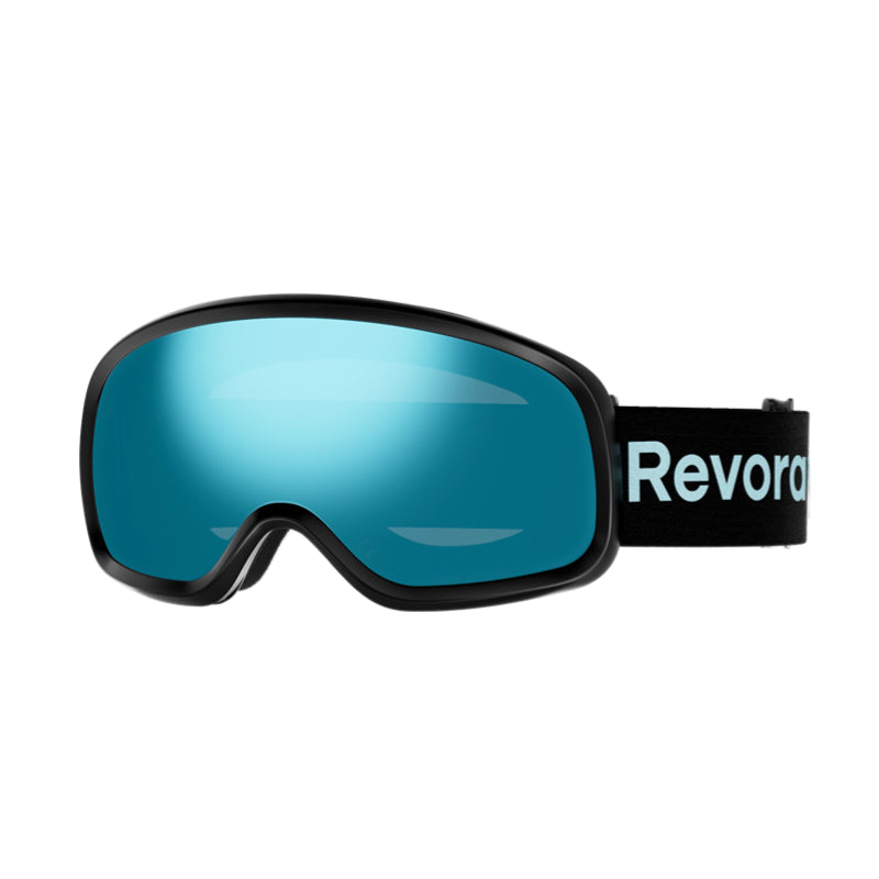 Fire N2 Ski Goggles with Italy Anti-Fog Lens, OTG, Full REVO Vacuum Coating - Ice Blue Lens + Black Strap