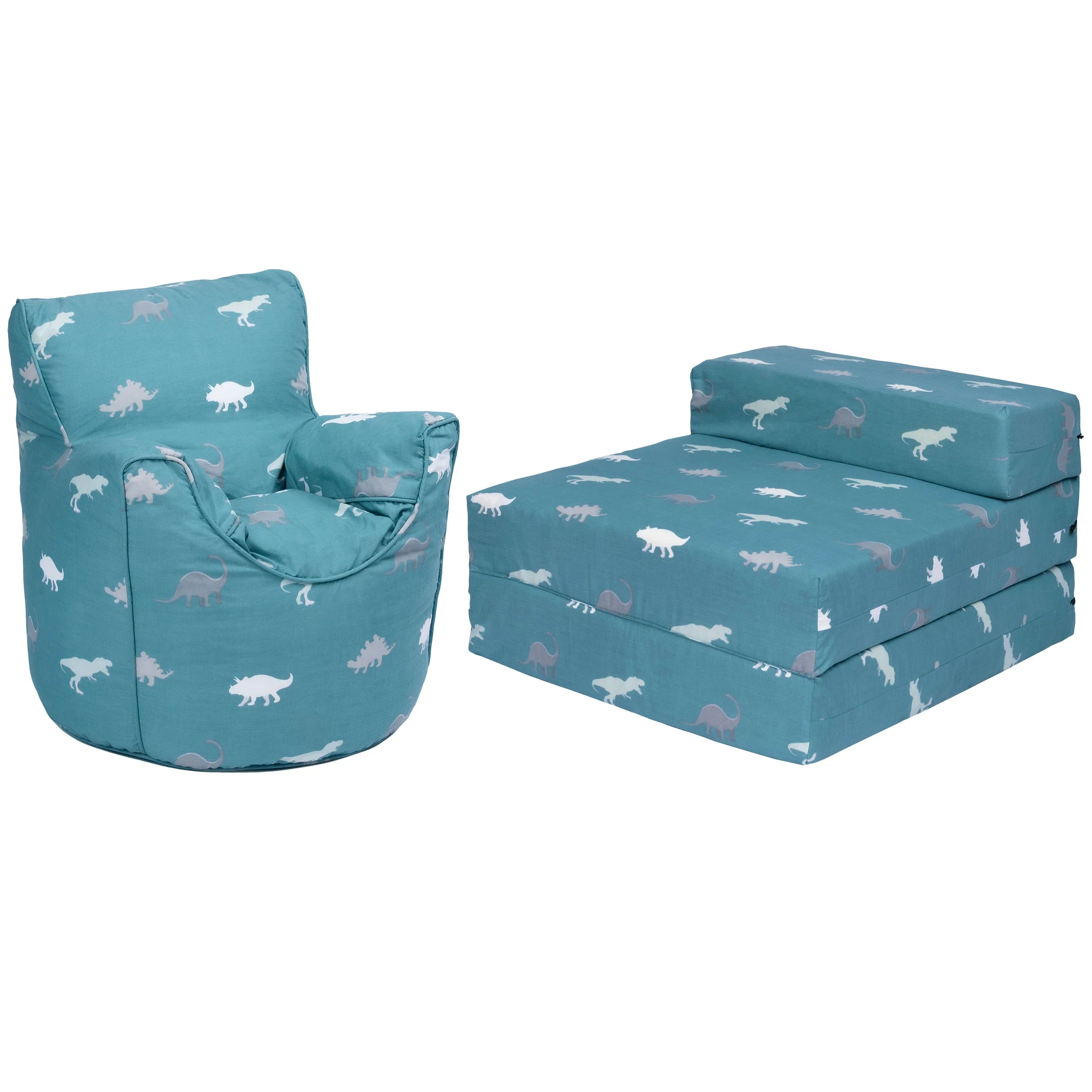 Kids Bean Bag Armchair and Folding Z Bed Printed Toddler Beanbag Chair and Guest Mattress - Rex