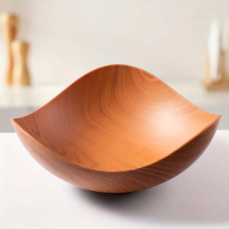 Large Wood Grain Salad Bowl - Durable Plastic Serving Dish for Party, Wedding, Buffet. Easy-Clean Fruit & Candy Container. - Orange